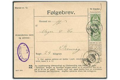 40 øre Posthorn i parstykke på adressekort for pakke fra Mo d. 4.10.1918 til Grønøy.