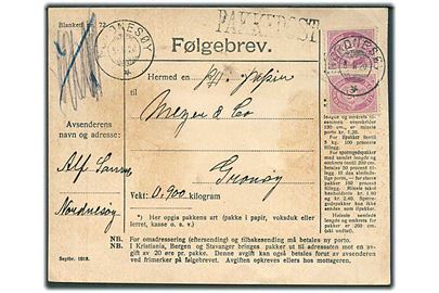 25 øre Posthorn i parstykke på adressekort for pakke fra Nordnesøy d. 8.2.1920 til Grønøy.