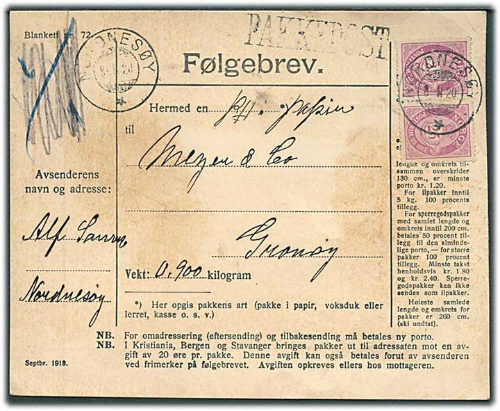 25 øre Posthorn i parstykke på adressekort for pakke fra Nordnesøy d. 8.2.1920 til Grønøy.