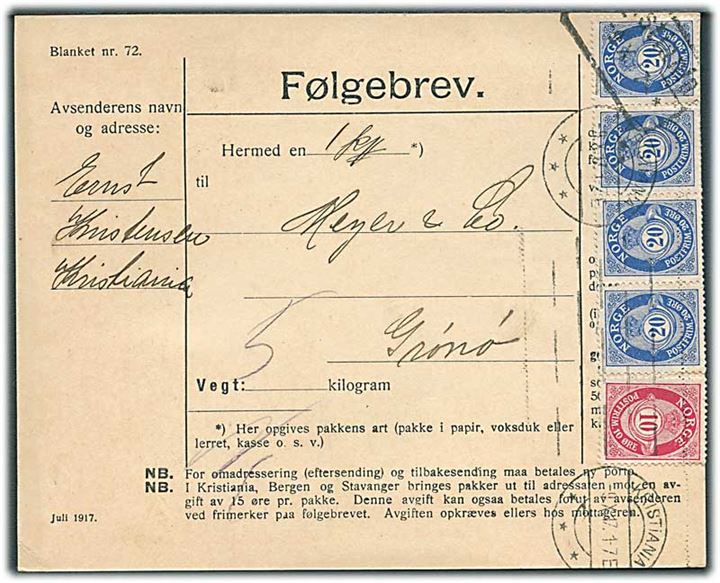 10 øre og 20 øre (4) Posthorn på adressekort for pakke fra Kristiania d. 9.10.1917 til Grønøy.