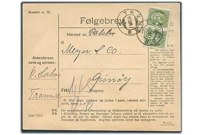 40 øre Posthorn (2) på adressekort for pakke fra Tromsø d. 10.12.1919 til Grønøy.
