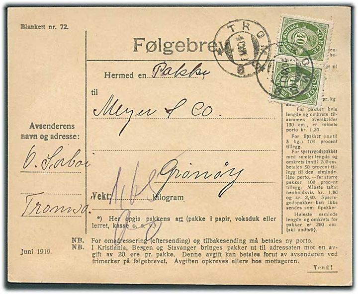 40 øre Posthorn (2) på adressekort for pakke fra Tromsø d. 10.12.1919 til Grønøy.