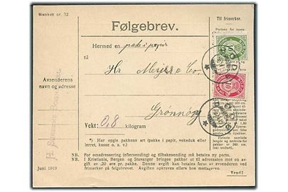 10 øre og 40 øre Posthorn på adressekort for pakke fra Bodø d. 6.12.1919 til Grønøy.