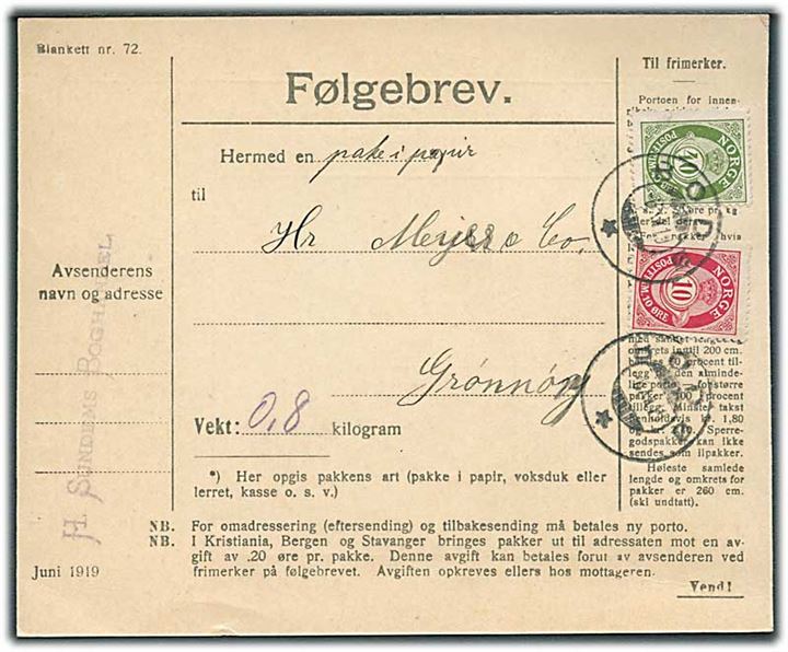 10 øre og 40 øre Posthorn på adressekort for pakke fra Bodø d. 6.12.1919 til Grønøy.