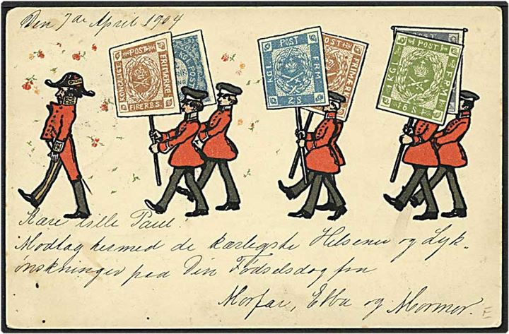 5 øre grøn våbentype på kort fra København d. 7.4.1904 til Birkerød. Motiv af postbude med frimærker.