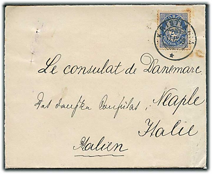 20 øre Posthorn på brev fra Kristiania d. 11.9.1903 til danske konsulat i Neapel, Italien.