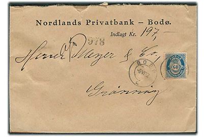 60 øre Posthorn single på bancobrev fra Bodø d. 9.6.1922 til Grønøy.