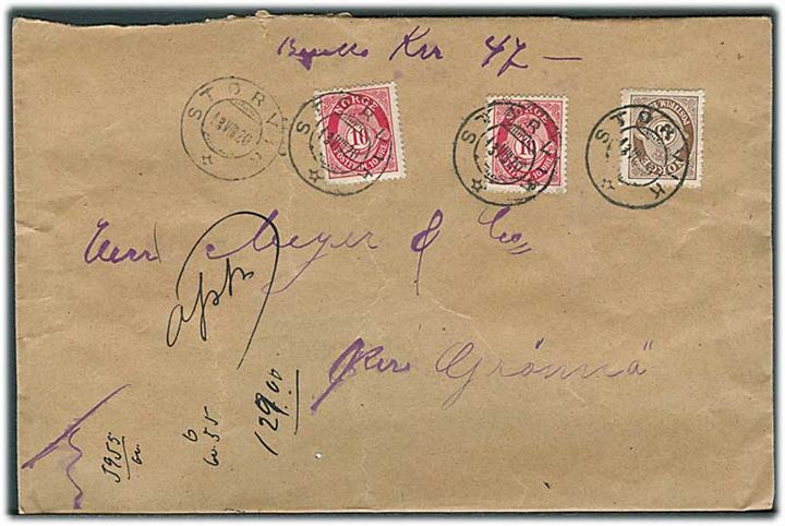 10 øre (2) og 15 øre Posthorn på bancobrev fra Storvik d. 13.8.1920 til Grønøy. På bagsiden postalt laksegl fra Storvik.