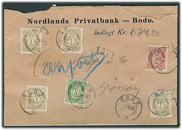 1 øre (4), 5 øre og 50 øre Posthorn på bancobrev fra Bodø d. 12.4.1919 til Grønøy.