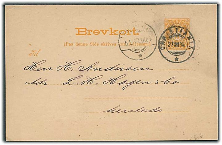3 øre helsagsbrevkort sendt lokalt i Kristiania d. 27.12.1894.