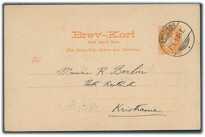 3+3 øre dobbelt helsagsbrevkort sendt lokalt i Kristiania d. 12.5.1897. Vedhængende ubenyttet svardel.