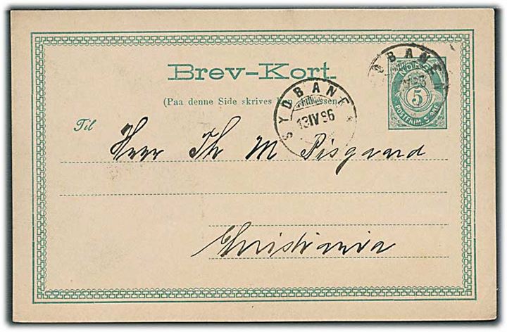 5 øre helsagsbrevkort annulleret med bureaustempel Sydbanen d. 13.4.1896 til Christiania.