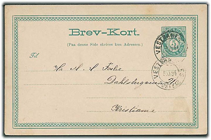 5 øre helsagsbrevkort annulleret med bureaustempel Vestbanernes Postexp. d. 5.11.1884 til Kristiania.