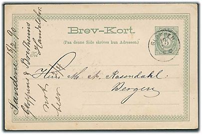 5 øre helsagsbrevkort fra Gloppen d. 18.2.1890 til Bergen.