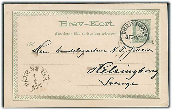5 øre helsagsbrevkort fra Christiania d. 30.4.1888 via svensk bureau PKXP.No. 19A til Helsingborg, Sverige.
