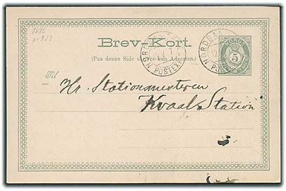 5 øre helsagsbrevkort annulleret med bureaustempel Nordbanernes Postexp. d. 12.5.1887 til Kvaal Station.
