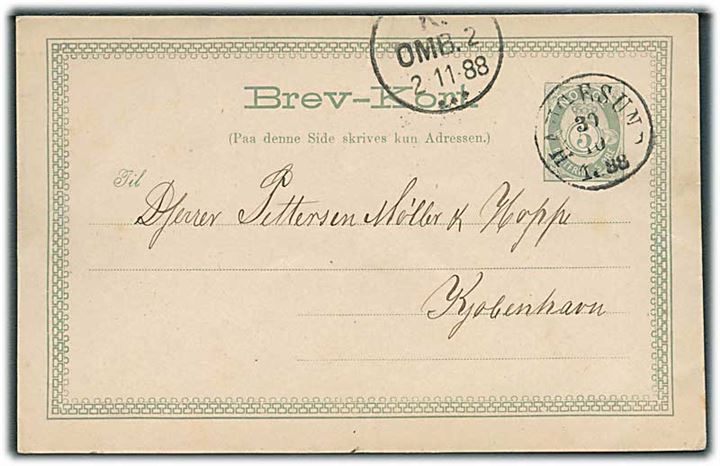 5 øre helsagsbrevkort annulleret med antiqua Haugesund d. 30.10.1888 til Kjøbenhavn, Danmark.