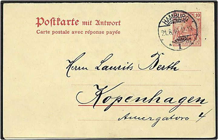 10 pfennig rød helsag dobbeltkort fra Hamburg, Tyskland, d. 21.8.1910 til København.