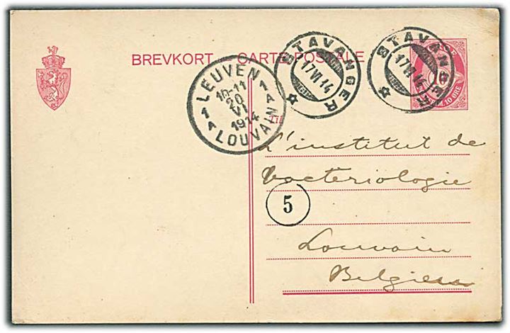 10 øre helsagsbrevkort fra Stavanger d. 17.6.1914 til Leuven, Belgien.