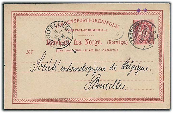 10 øre helsagsbrevkort fra Kristiania d. 2.3.1897 til Bruxelles, Belgien.