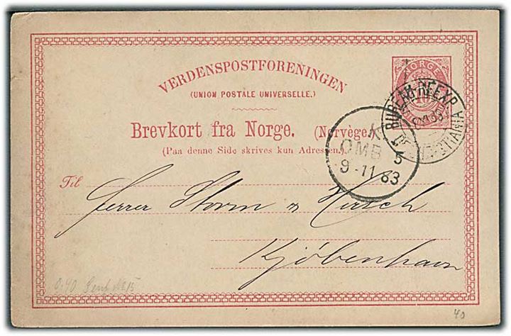 10 øre helsagsbrevkort stemplet Bureau Reexp. de Christiania d. 8.11.1883 til København, Danmark.