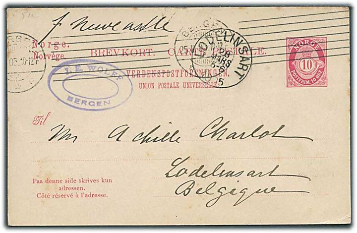 10 øre helsagsbrevkort fra Bergen d. 25.3.1905 til Lodelinsart, Belgien. Påskrevet: Pr. Newcastle