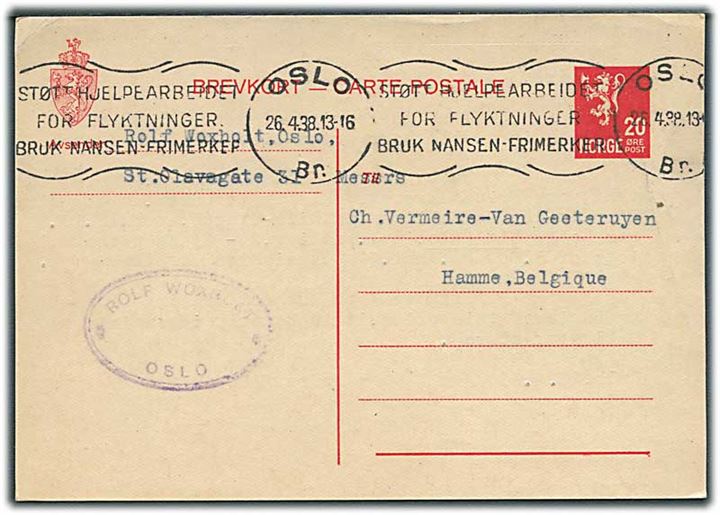 20 øre Løve helsagsbrevkort fra Oslo d. 26.4.1938 til Hamme, Belgien.