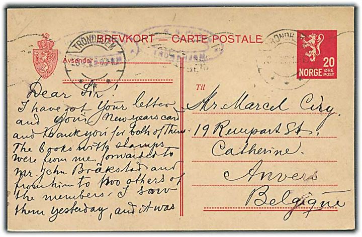 20 øre Løve helsagsbrevkort fra Trondheim d. 13.1.1929 (?) til Anvers, Belgien.