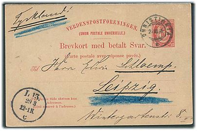 10 øre spørgedel af dobbelt helsagsbrevkort fra Christiania d. 27.3.1896 til Leipzig, Tyskland.