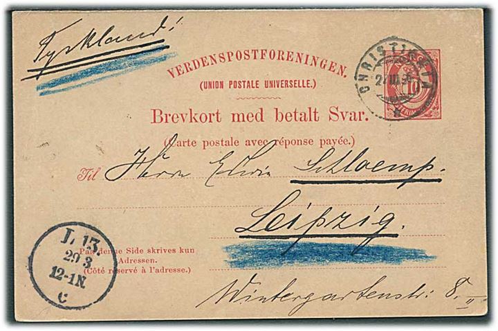 10 øre spørgedel af dobbelt helsagsbrevkort fra Christiania d. 27.3.1896 til Leipzig, Tyskland.
