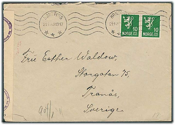 10 øre Løve i parstykke på brev fra Hønefoss d. 21.1.1943 til Tranås, Sverige. Åbnet af tysk censur i Oslo.