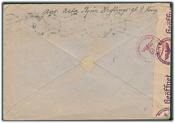 20 øre Løve på brev fra Hønefoss d. 25.4.1944 til Tranås, Sverige. Åbnet af tysk censur i Oslo.