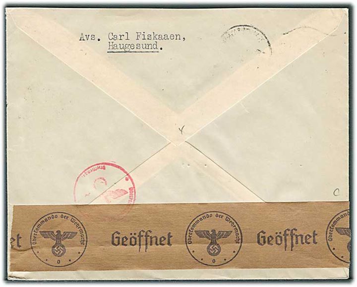 20 øre Løve på brev fra Haugesund d. 8.1.1941 til Helsingborg, Sverige. Åbnet af tysk censur i Oslo.