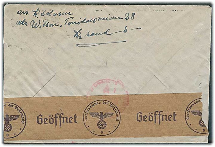 10 øre Løve (2) på brev fra Kristiansand S. d. 3.1.1941 til Nysted pr. Maribo, Danmark. Åbnet af tysk censur i Oslo og passér stemplet ved censuren i København.
