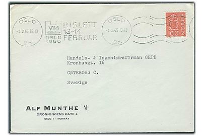 60 øre på brev annulleret med TMS VM Oslo 1965 Bislett 13-14 Februar/Oslo Br. d. 1.2.1965 til Göteborg, Sverige.