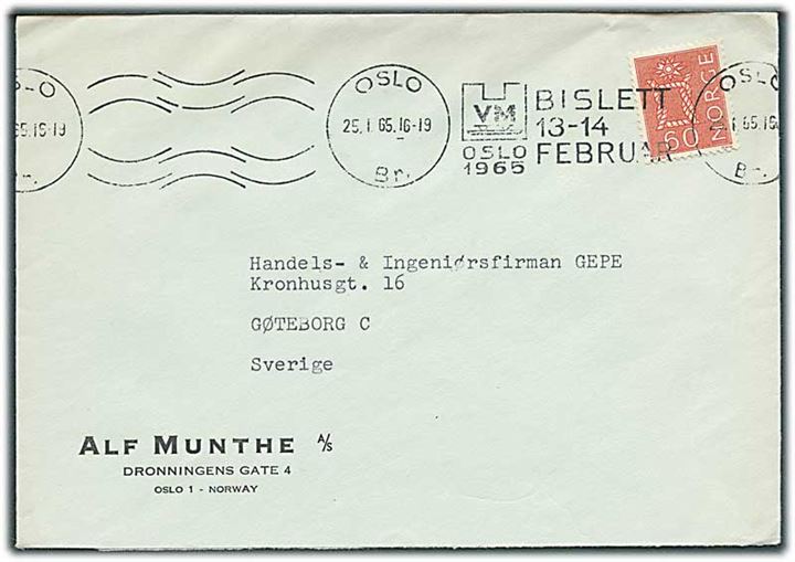 60 øre på brev annulleret med TMS VM Oslo 1965 Bislett 13-14 Februar/Oslo Br. d. 25.1.1965 til Göteborg, Sverige.