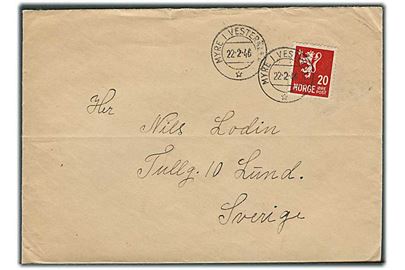 20 øre Løve på brev fra Myre i Verterålen d. 22.2.1946 til Lund, Sverige.