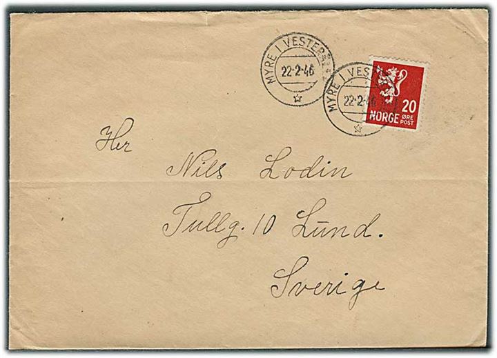 20 øre Løve på brev fra Myre i Verterålen d. 22.2.1946 til Lund, Sverige.