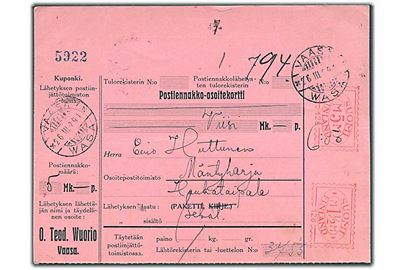 1½ mk. og 5 mk. posthusfranko (no. 128) på adressekort fra Wasa d. 26.3.1929 til Mäntyharju.