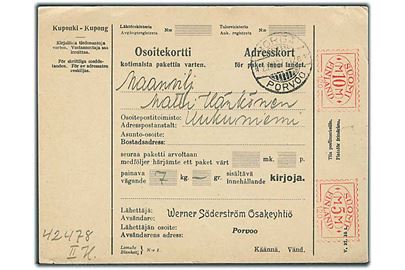 5 mk. og 10 mk. posthusfranko (no. 120) på adressekort fra Borgå d. 23.12.1927 til Uukuniemi.