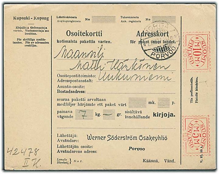 5 mk. og 10 mk. posthusfranko (no. 120) på adressekort fra Borgå d. 23.12.1927 til Uukuniemi.