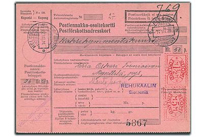 1½ mk. og 5 mk. posthusfranko (no. 131) på adressekort fra Helsinki d. 14.3.1929 til Mäntyharju.
