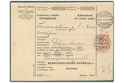 5 mk. posthusfranko (no. 129) på adressekort fra Helsinki d. 24.2.1931 til Fiskars.