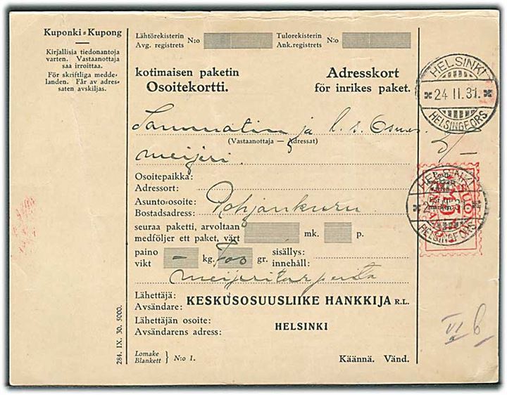 5 mk. posthusfranko (no. 129) på adressekort fra Helsinki d. 24.2.1931 til Fiskars.