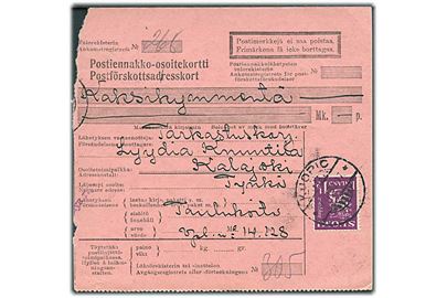 1½ mk. Løve på adressekort fra Kuopio d. 7.3.1931 til Tynkä.