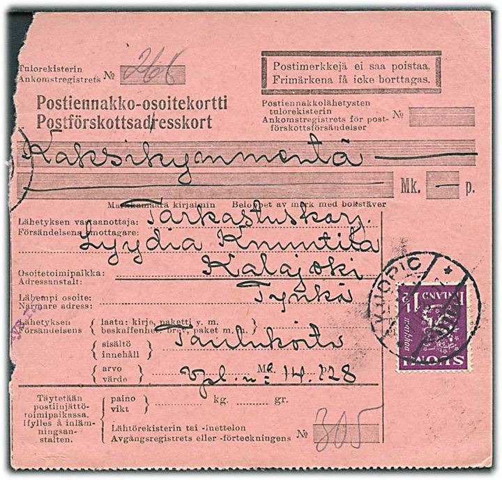 1½ mk. Løve på adressekort fra Kuopio d. 7.3.1931 til Tynkä.