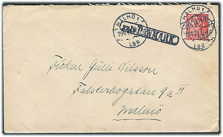 15 øre Karavel på brev fra Gentofte annulleret med svensk stempel Malmö d. 29.6.1934 og sidestemplet Från Danmark til Malmö, Sverige.