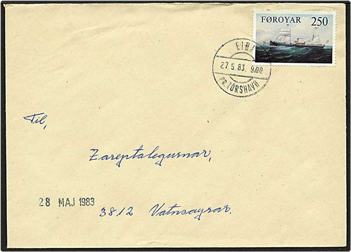 250 øre flerfarvet på brev fra Eidi d. 27.5.1983 til Vatnsayrar. Eidi / pr. Tórshavn pr. stempel.