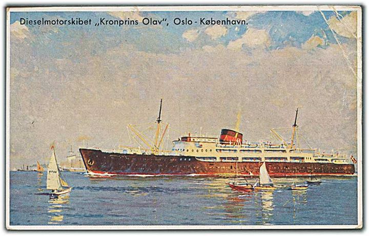 5 øre Bølgelinie i parstykke på brevkort (DFDS rutebåd Kronprins Olav, Oslo-København) annulleret med norsk stempel i Oslo d. 31.7.1938 og sidestemplet Paquebot til Middelfart, Danmark. Hjørnefold.