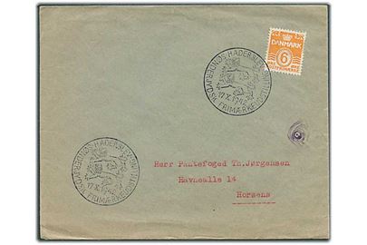 6 øre Bølgelinie på tryksag annulleret med særstempel i Haderslev d. 17.10.1942 til Horsens. Violet tryksagskontrol stempel.